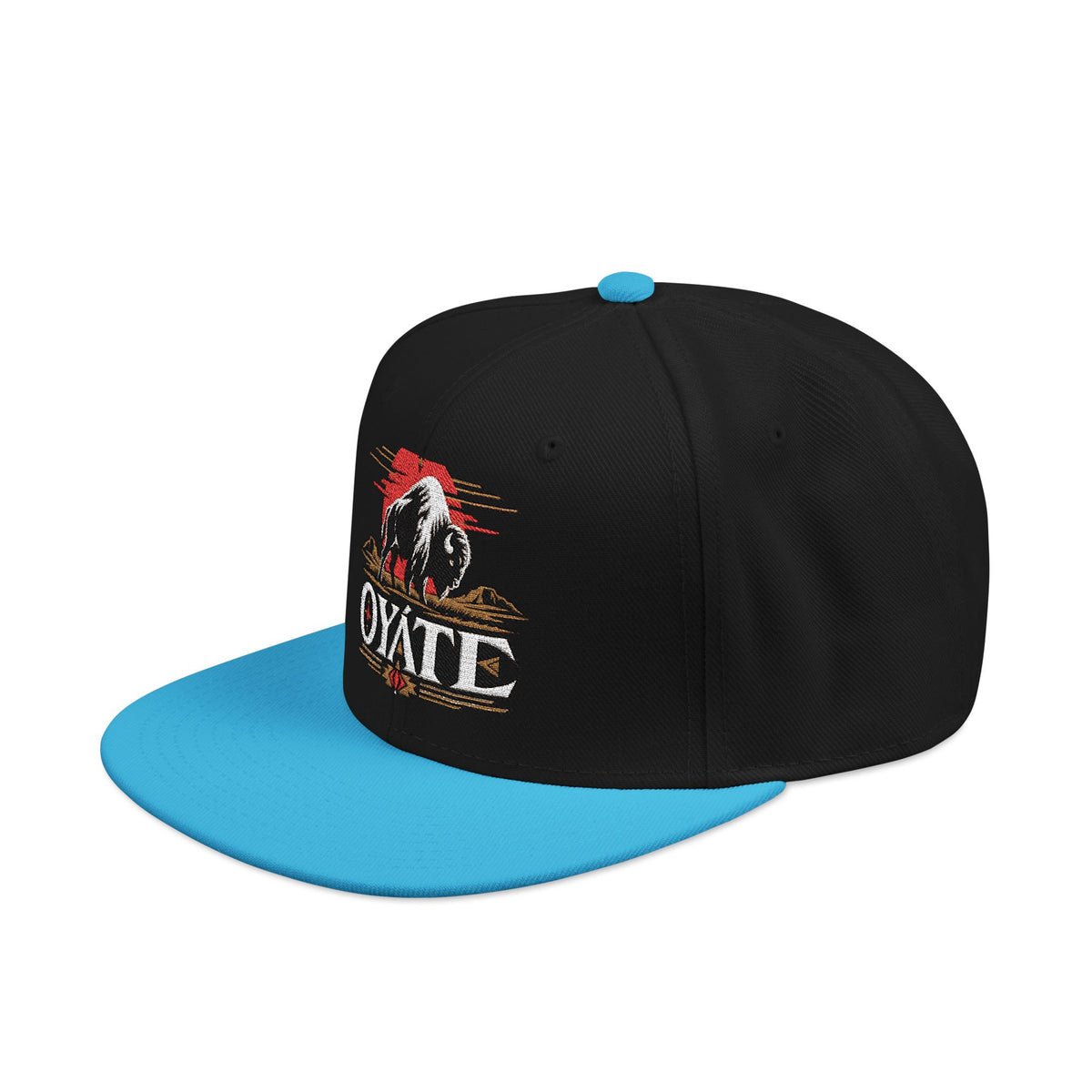 Black OYÁTE Dark Buffalo v2 embroidered snapback with a sky blue brim