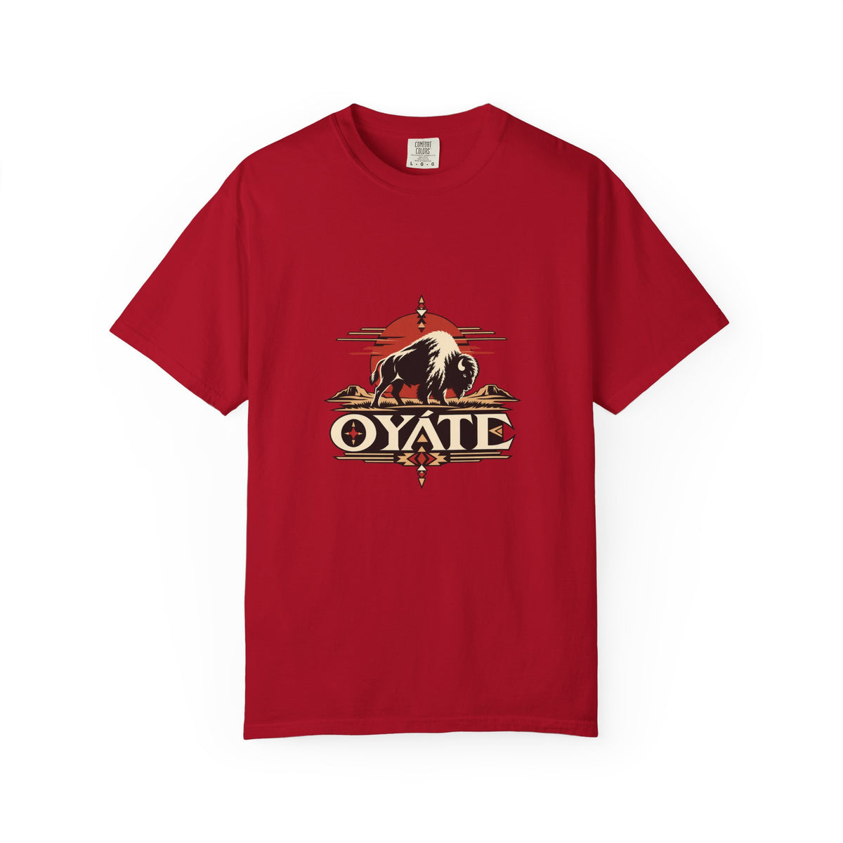 Red OYÁTE Dark Buffalo v2 premium tee, front view