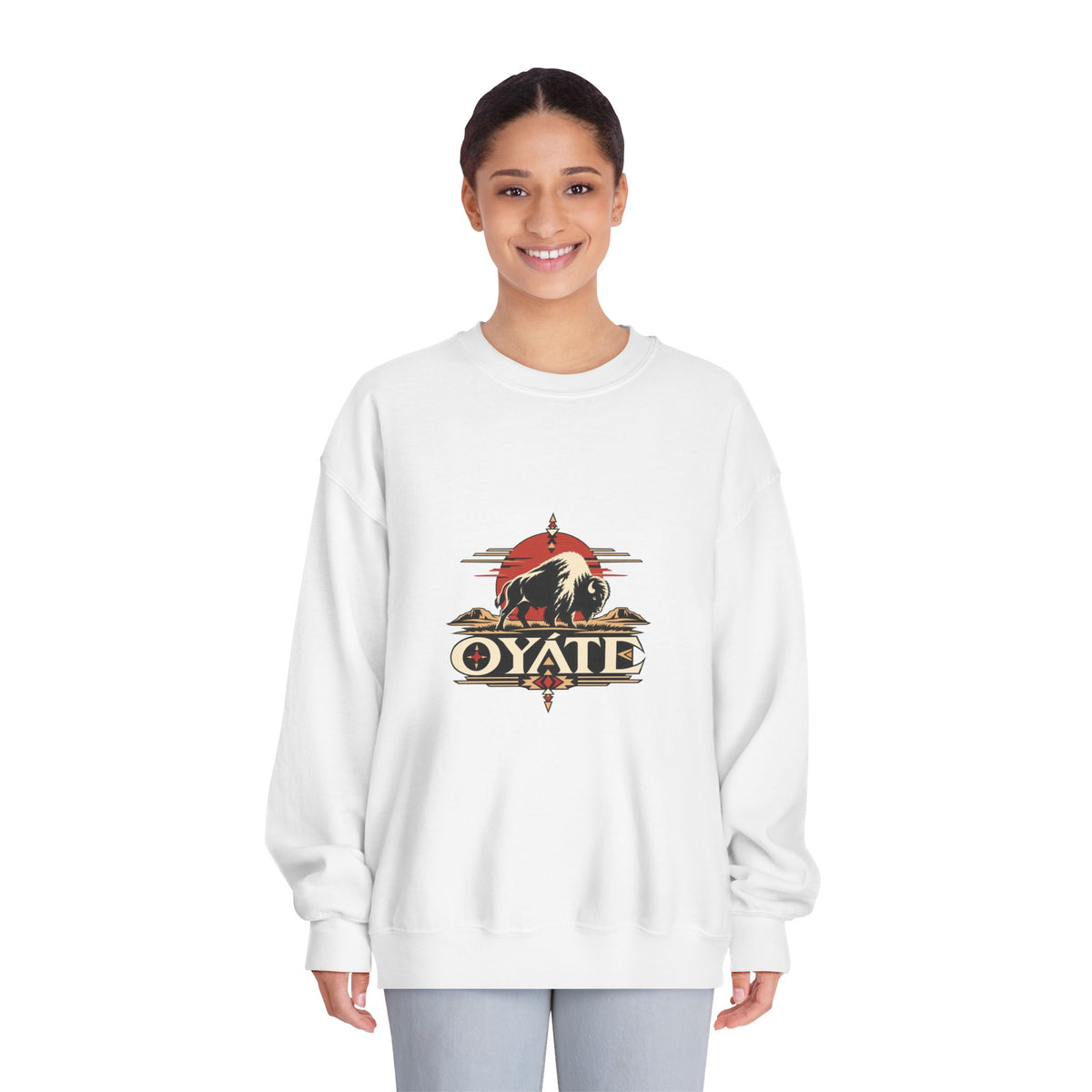 Model wearing the white OYÁTE Dark Buffalo v2 crewneck sweatshirt