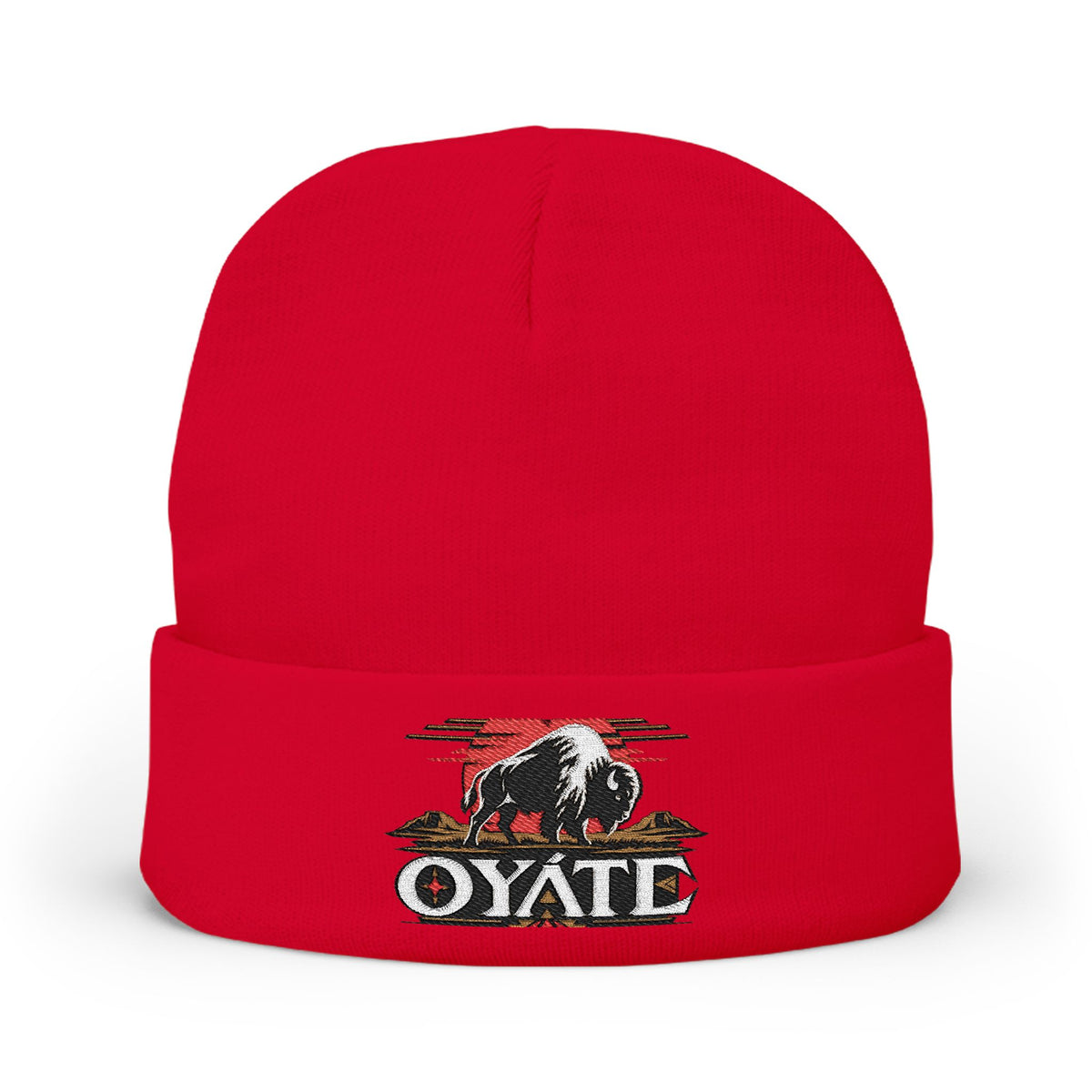Red OYÁTE Dark Buffalo v2 embroidered beanie, front view