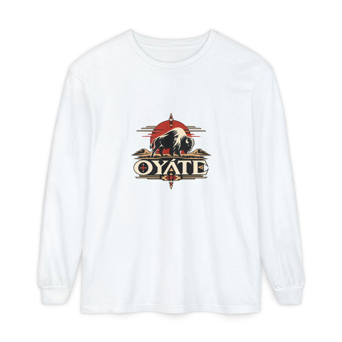 White OYÁTE Dark Buffalo v2 long sleeve tee, front view