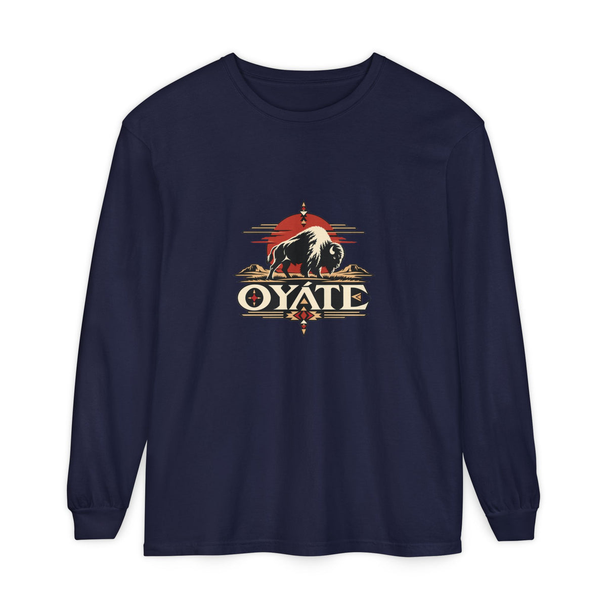 Navy OYÁTE Dark Buffalo v2 long sleeve tee, front view