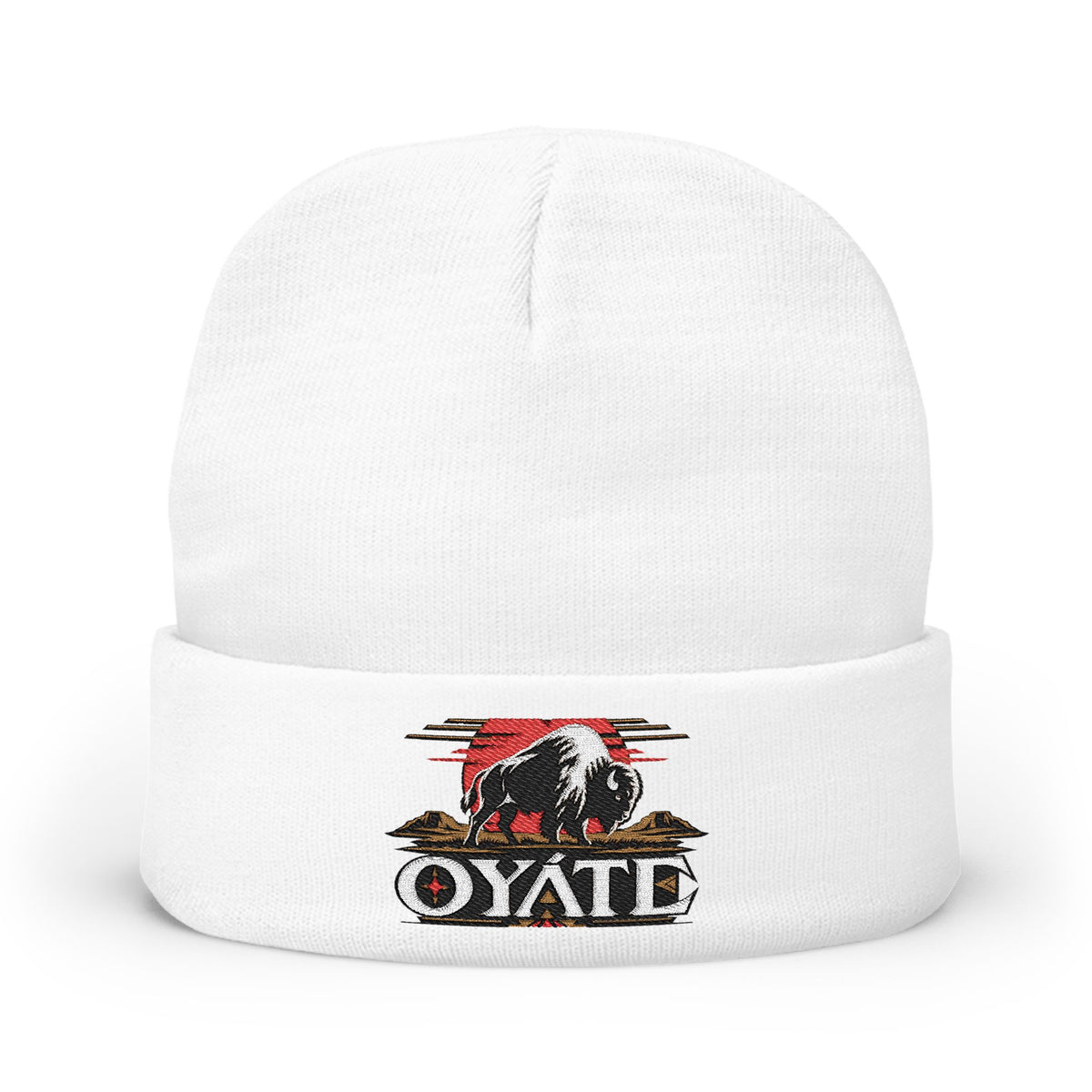 White OYÁTE Dark Buffalo v2 embroidered beanie, front view