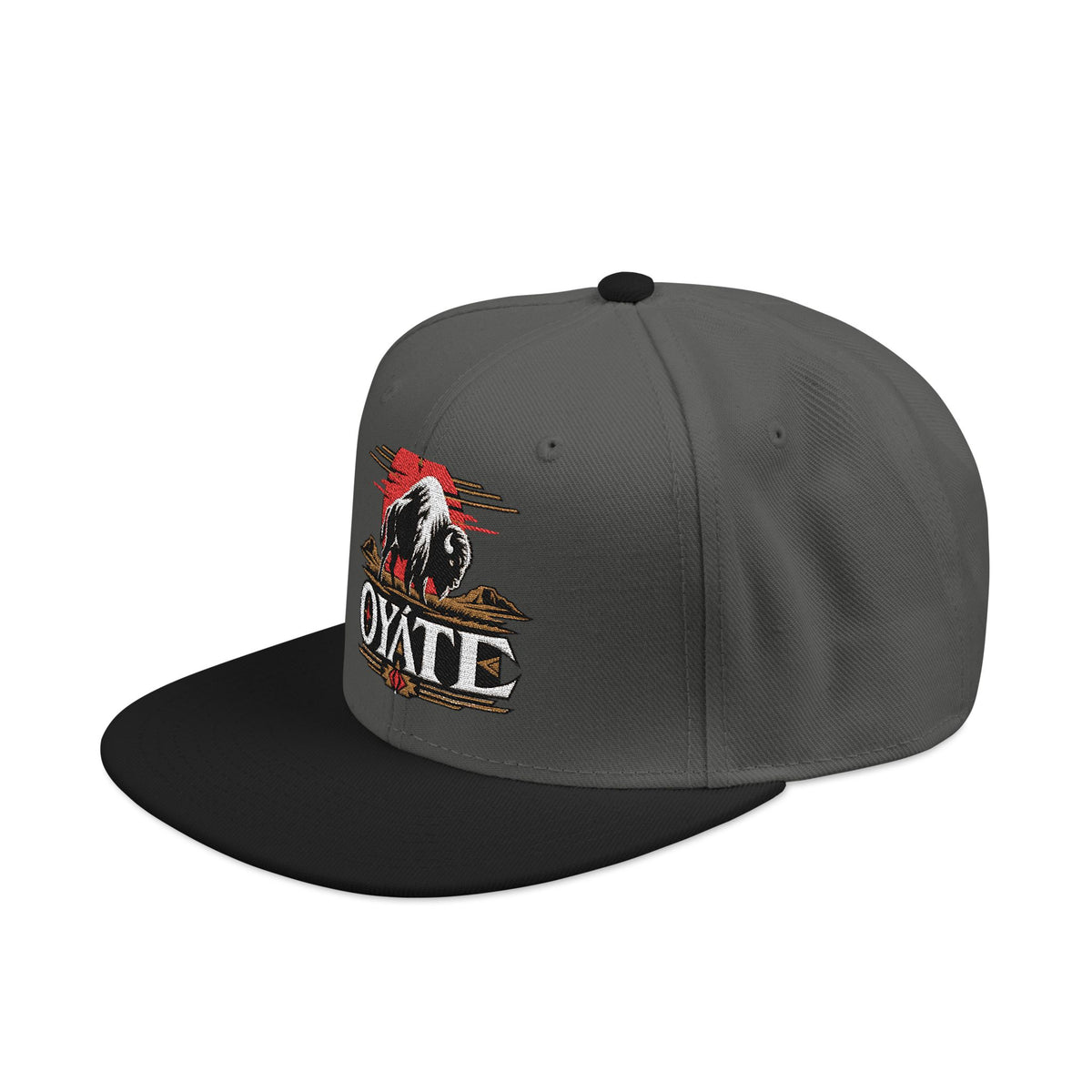 Gray snapback with black brim and the OYÁTE Dark Buffalo v2 embroidery, side view