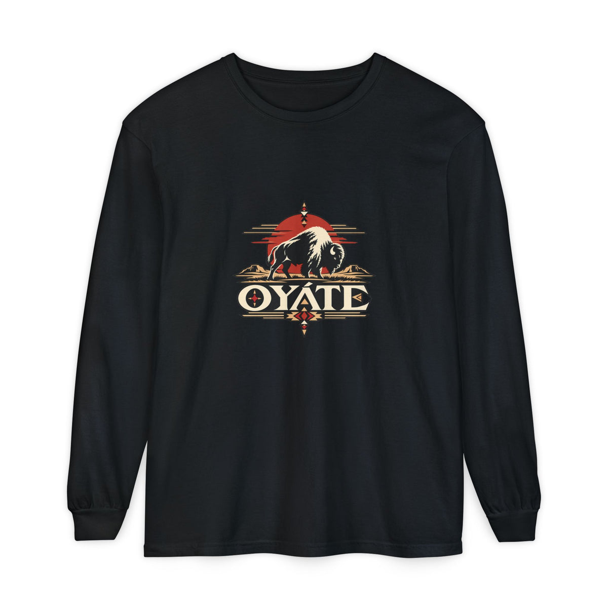 Black OYÁTE Dark Buffalo v2 long sleeve tee, front view
