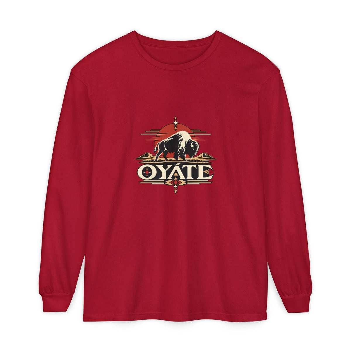 Red OYÁTE Dark Buffalo v2 long sleeve tee, front view