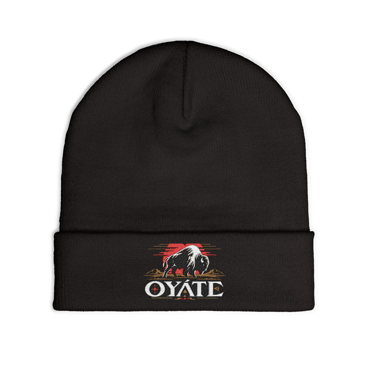 Black OYÁTE Dark Buffalo v2 embroidered beanie, front view on a white background