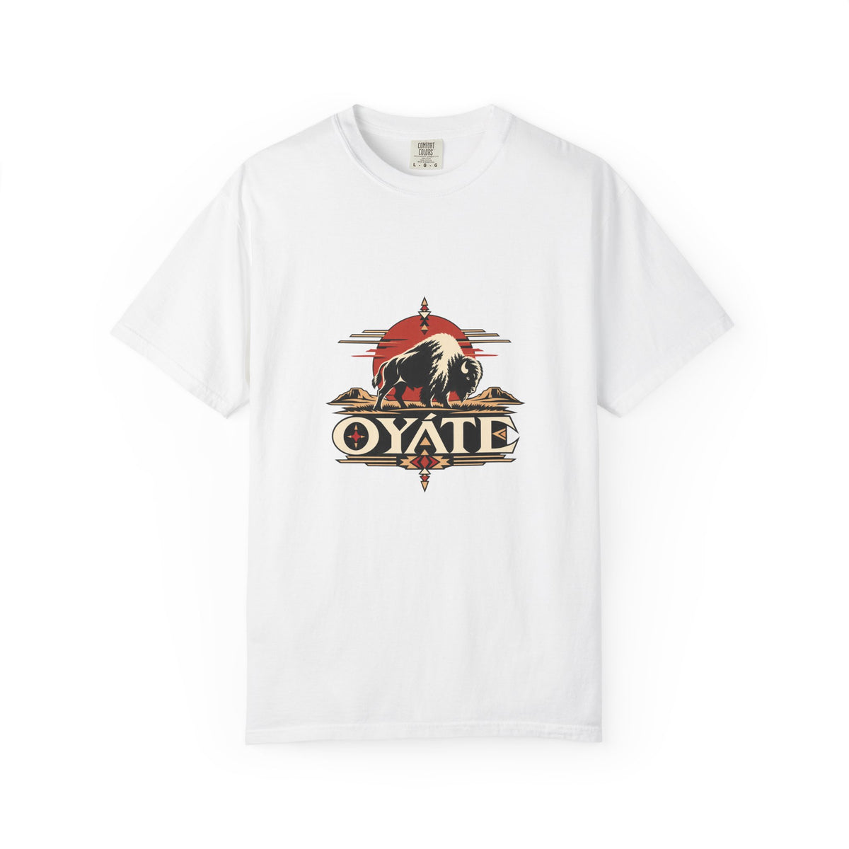 White OYÁTE Dark Buffalo v2 premium tee, front view