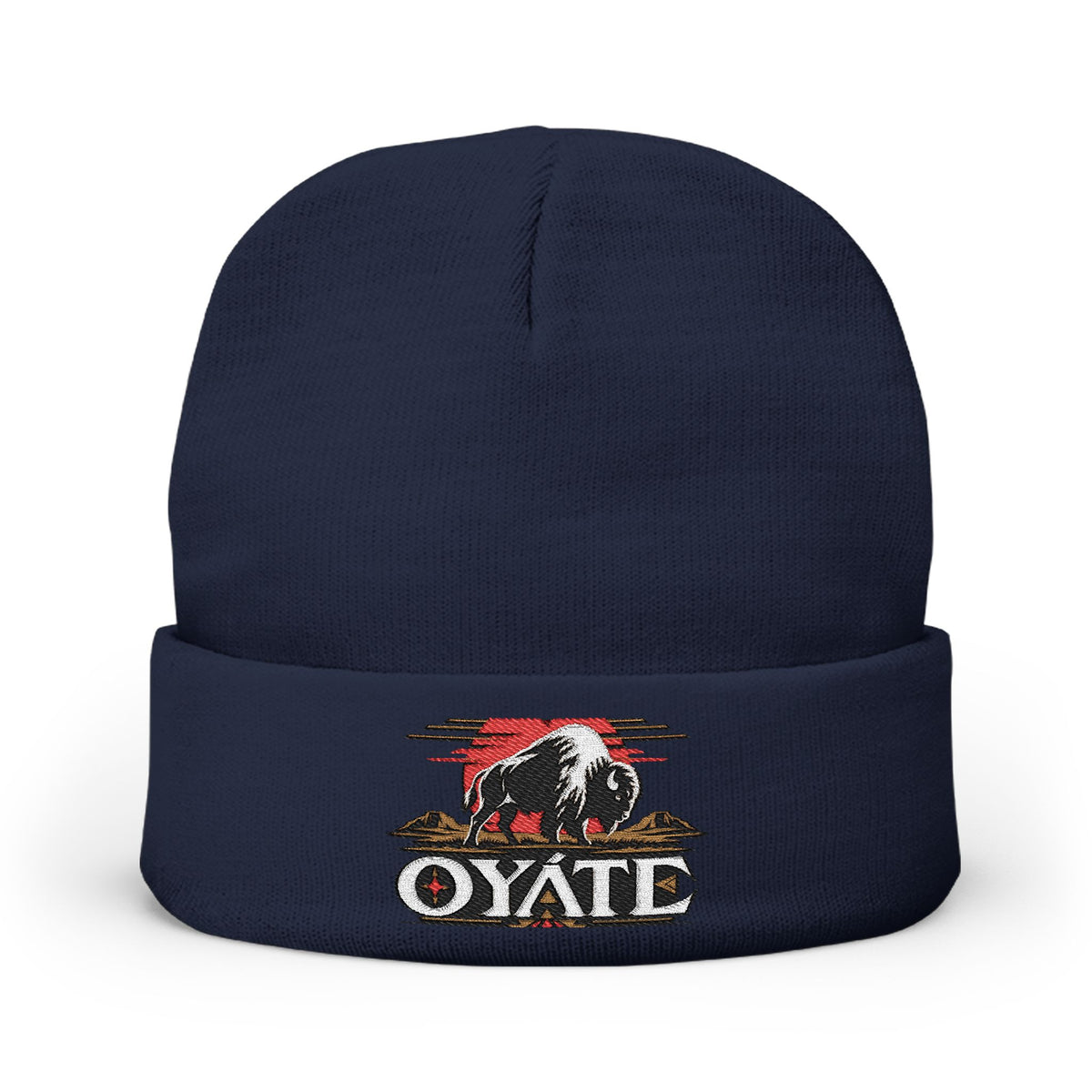 Navy OYÁTE Dark Buffalo v2 embroidered beanie, front view