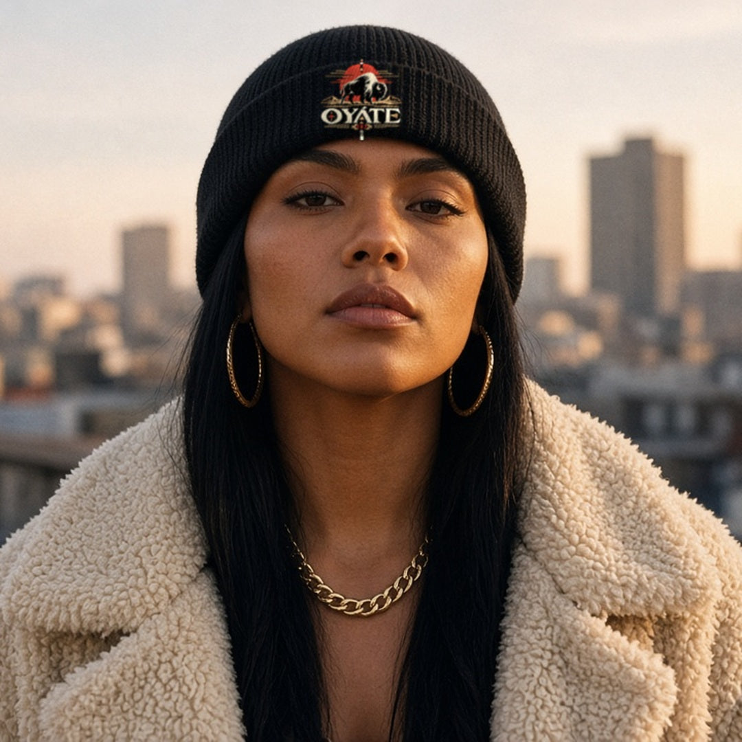 Model wearing the OYÁTE Dark Buffalo v2 embroidered beanie in black