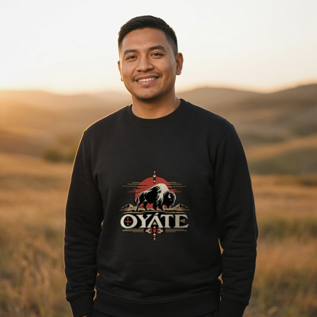 Model wearing the OYÁTE Dark Buffalo v2 crewneck sweatshirt in black