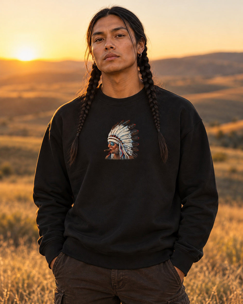 Model wearing Smokin Indian by Gregory Azure black crewneck sweatshirt in warm sunset light