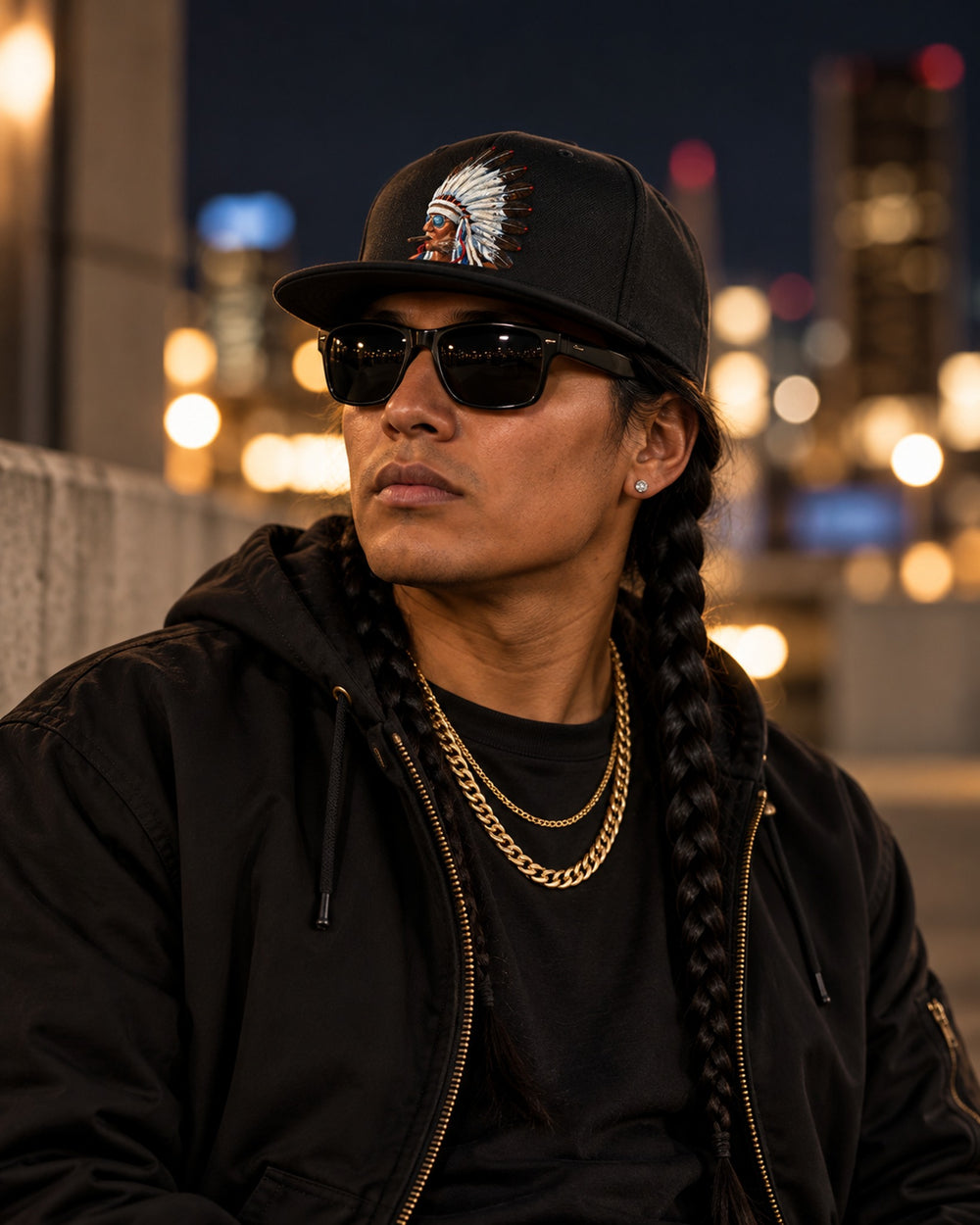 Model wearing black Smokin Indian by Gregory Azure embroidered snapback hat