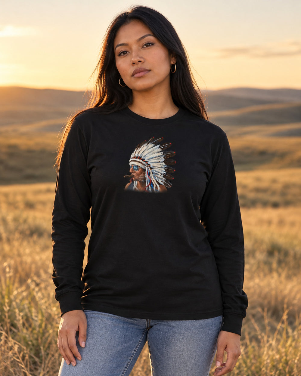 Model wearing black Smokin Indian Gregory Azure long sleeve tee outdoors