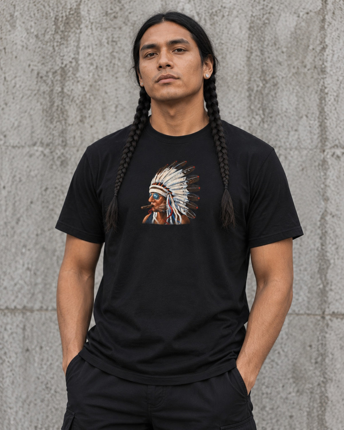 Model wearing black Smokin Indian by Gregory Azure premium T-shirt