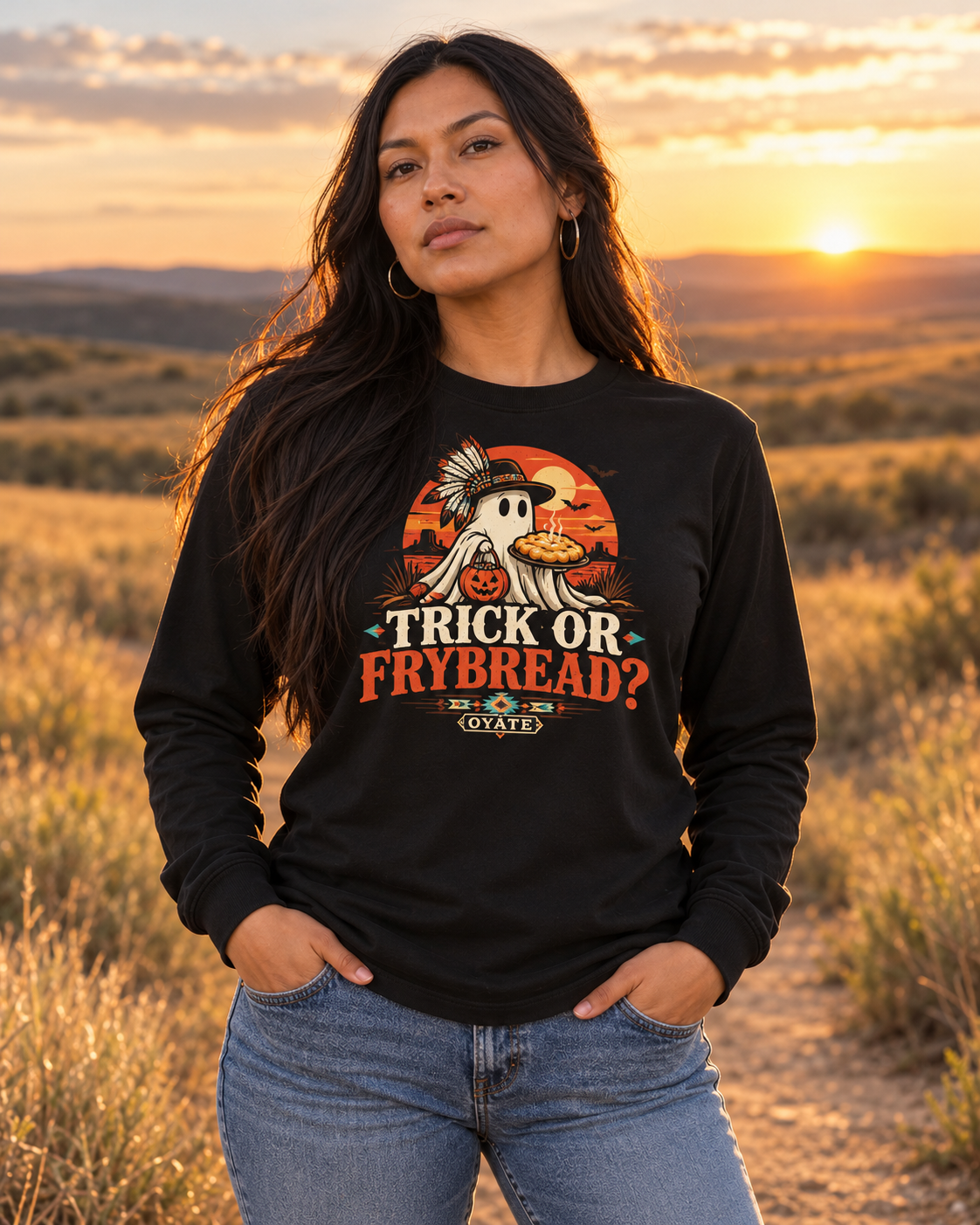 Model wearing OYÁTE Trick or Frybread long sleeve black shirt at sunset
