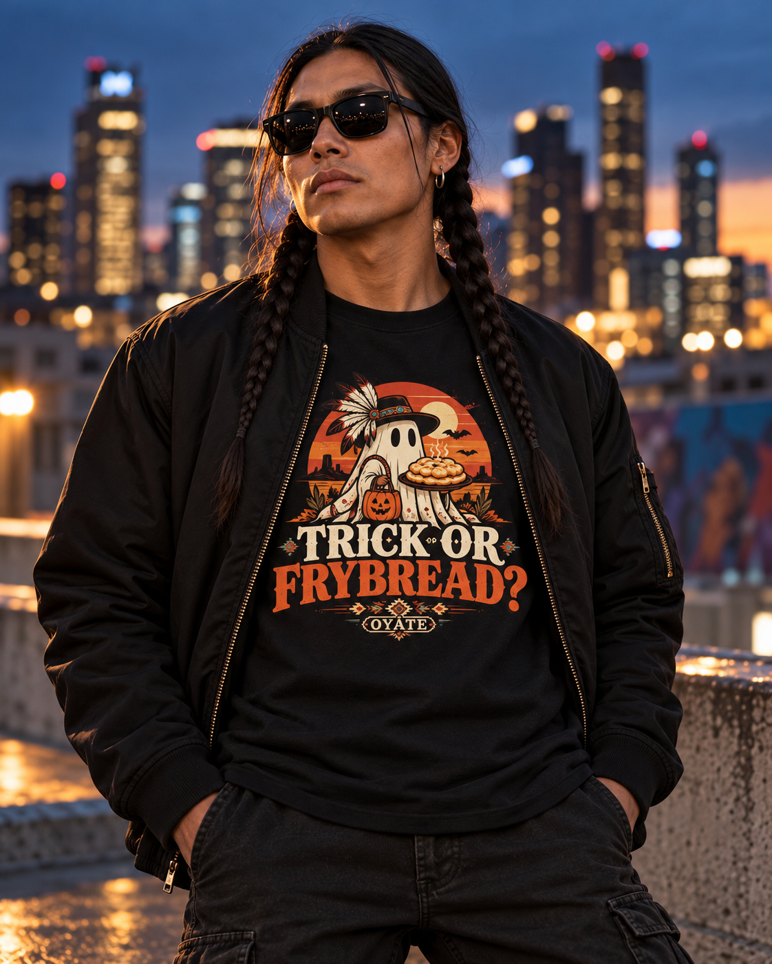 Model wearing OYÁTE Trick or Frybread Premium Tee in evening city scene