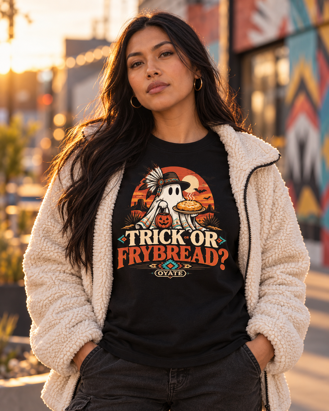 Woman modeling black OYÁTE Trick or Frybread Premium Tee