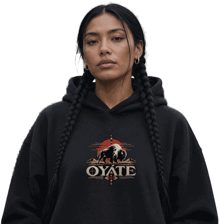 Model wearing the OYÁTE Dark Buffalo v2 hoodie